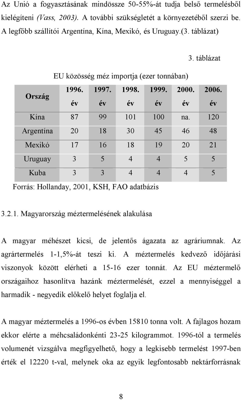 év év év év év év Kína 87 99 101 100 na. 120 Argentína 20 18 30 45 46 48 Mexikó 17 16 18 19 20 21 Uruguay 3 5 4 4 5 5 Kuba 3 3 4 4 4 5 Forrás: Hollanday, 2001, KSH, FAO adatbázis 3.2.1. Magyarország méztermelésének alakulása A magyar méhészet kicsi, de jelentős ágazata az agráriumnak.