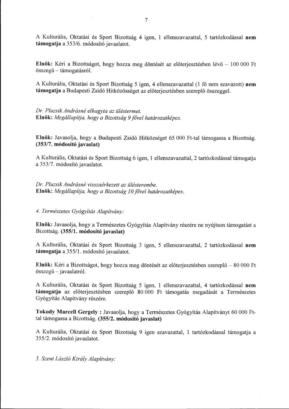 szavazott) nem támogatja a Budapesti Zsidó Hitközösséget az előterjesztésben szereplő összeggel. Dr. P luzsik Andrásné elhagyta az üléstermet.