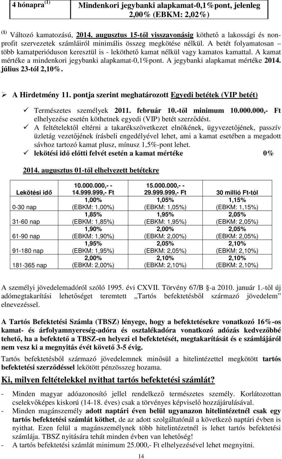 A betét folyamatosan több kamatperióduson keresztül is - leköthető kamat nélkül vagy kamatos kamattal. A kamat mértéke a mindenkori jegybanki alapkamat-0,1%pont. A jegybanki alapkamat mértéke 2014.