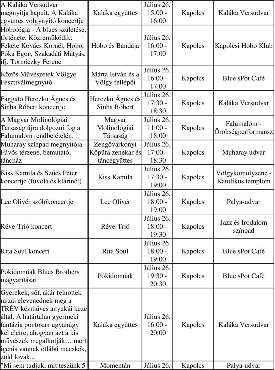 Muharay megnyitója - Fúvós térzene, bemutató, táncház Kiss Kamila és Szűcs Péter koncertje (fuvola és klarinét) Lee Olivér szólókoncertje Réve-Trió koncert Rita Soul koncert Pókidomúak Blues Brothers