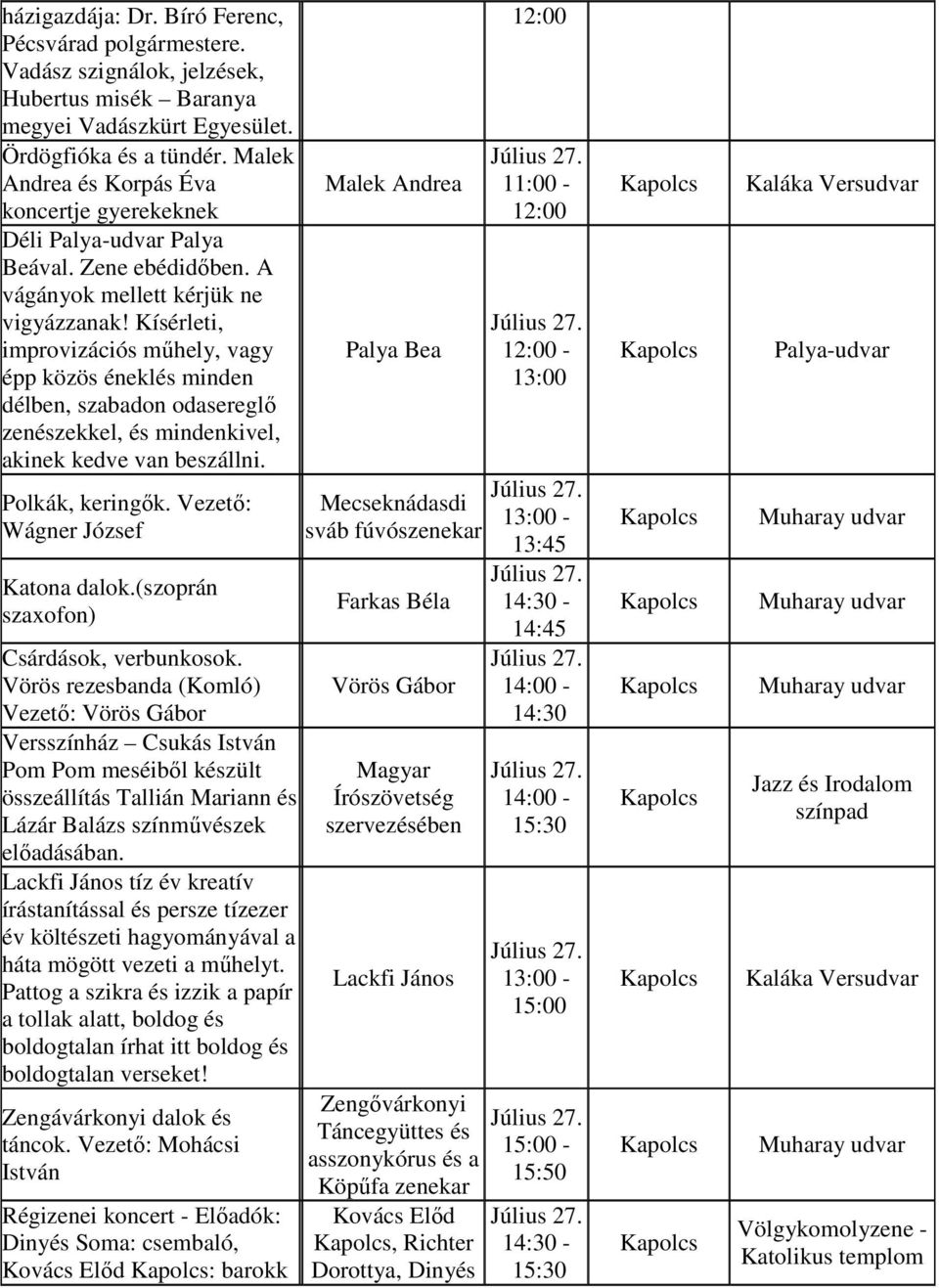 Kísérleti, improvizációs műhely, vagy épp közös éneklés minden délben, szabadon odasereglő zenészekkel, és mindenkivel, akinek kedve van beszállni. Polkák, keringők.