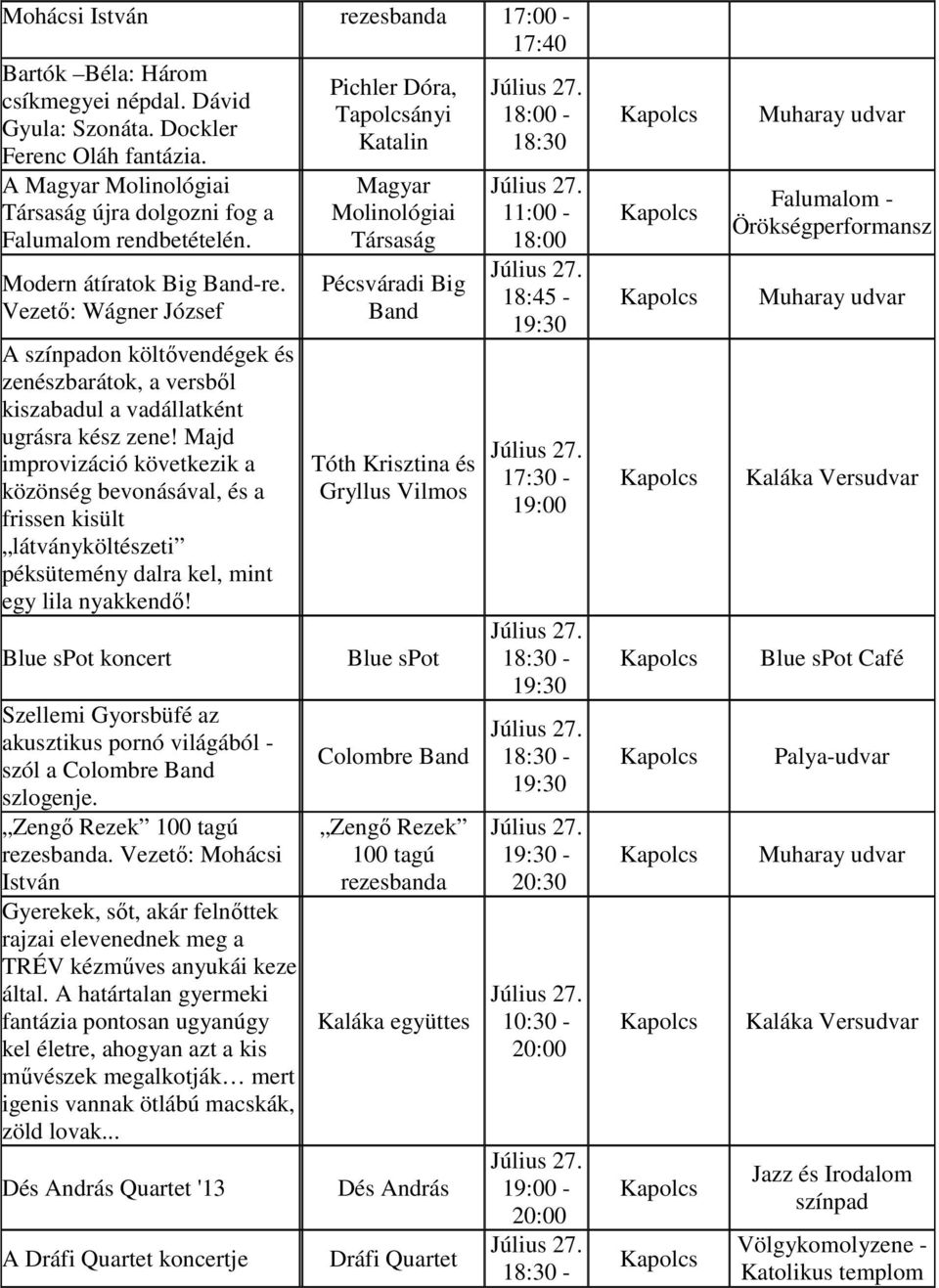 Majd improvizáció következik a közönség bevonásával, és a frissen kisült látványköltészeti péksütemény dalra kel, mint egy lila nyakkendő!