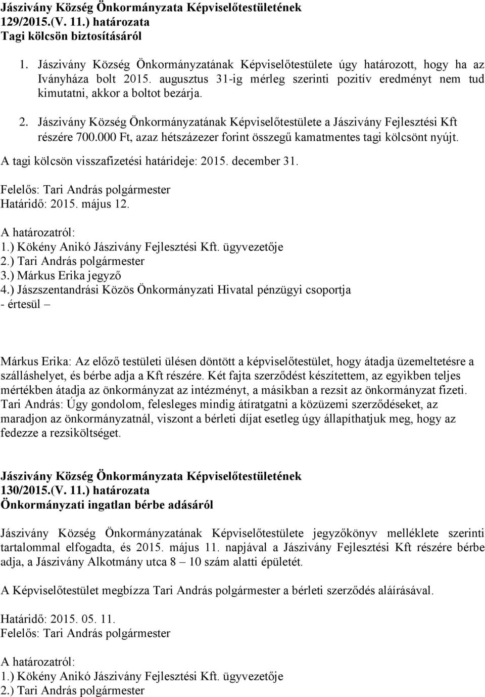 000 Ft, azaz hétszázezer forint összegű kamatmentes tagi kölcsönt nyújt. A tagi kölcsön visszafizetési határideje: 2015. december 31. Felelős: Tari András polgármester Határidő: 2015. május 12.