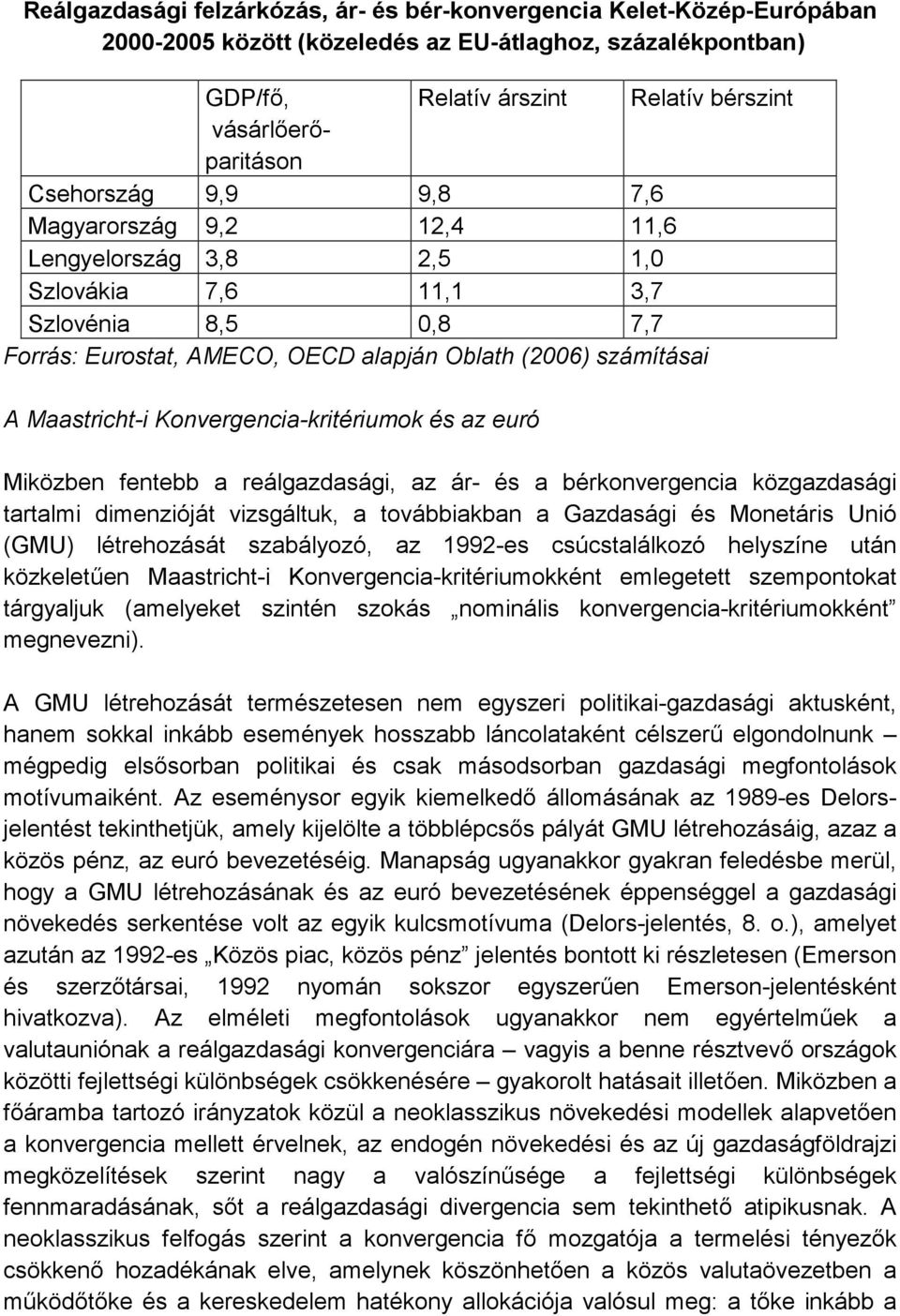 - paritáson Csehország 9,9 9,8 7,6 Magyarország 9,2 12,4 11,6 Lengyelország 3,8 2,5 1,0 Szlovákia 7,6 11,1 3,7 Szlovénia 8,5 0,8 7,7 Forrás: Eurostat, AMECO, OECD alapján Oblath (2006) számításai A