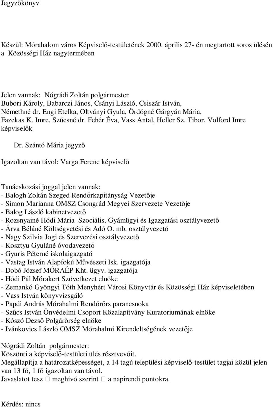 Engi Etelka, Oltványi Gyula, Ördögné Gárgyán Mária, Fazekas K. Imre, Szűcsné dr. Fehér Éva, Vass Antal, Heller Sz. Tibor, Volford Imre képviselők Dr.