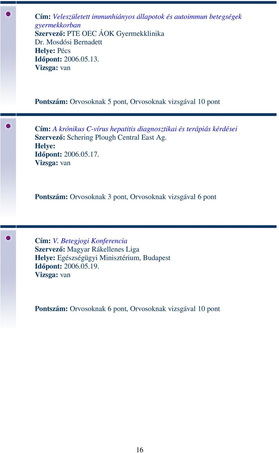 Pontszám: Orvosoknak 5 pont, Orvosoknak vizsgával 10 pont Cím: A krónikus C-vírus hepatitis diagnosztikai és terápiás kérdései Szervező: Schering Plough