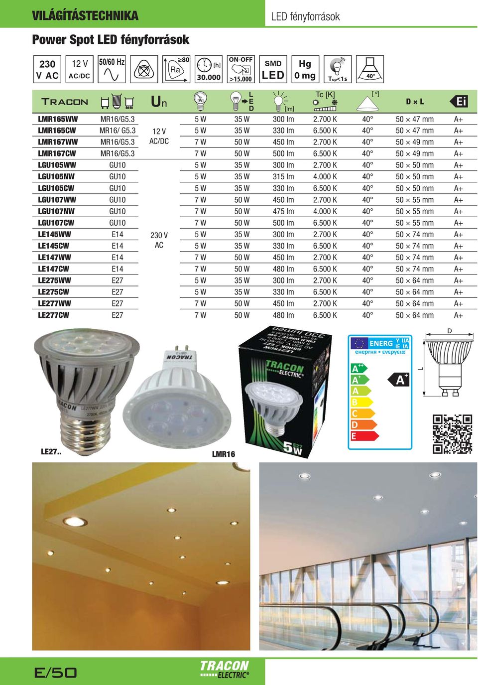 000 K 40 50 50 mm GU105CW GU10 5 W 35 W 330 lm.500 K 40 50 50 mm GU107WW GU10 7 W 50 W 450 lm 2.700 K 40 50 55 mm GU107NW GU10 7 W 50 W 475 lm 4.000 K 40 50 55 mm GU107CW GU10 7 W 50 W 500 lm.