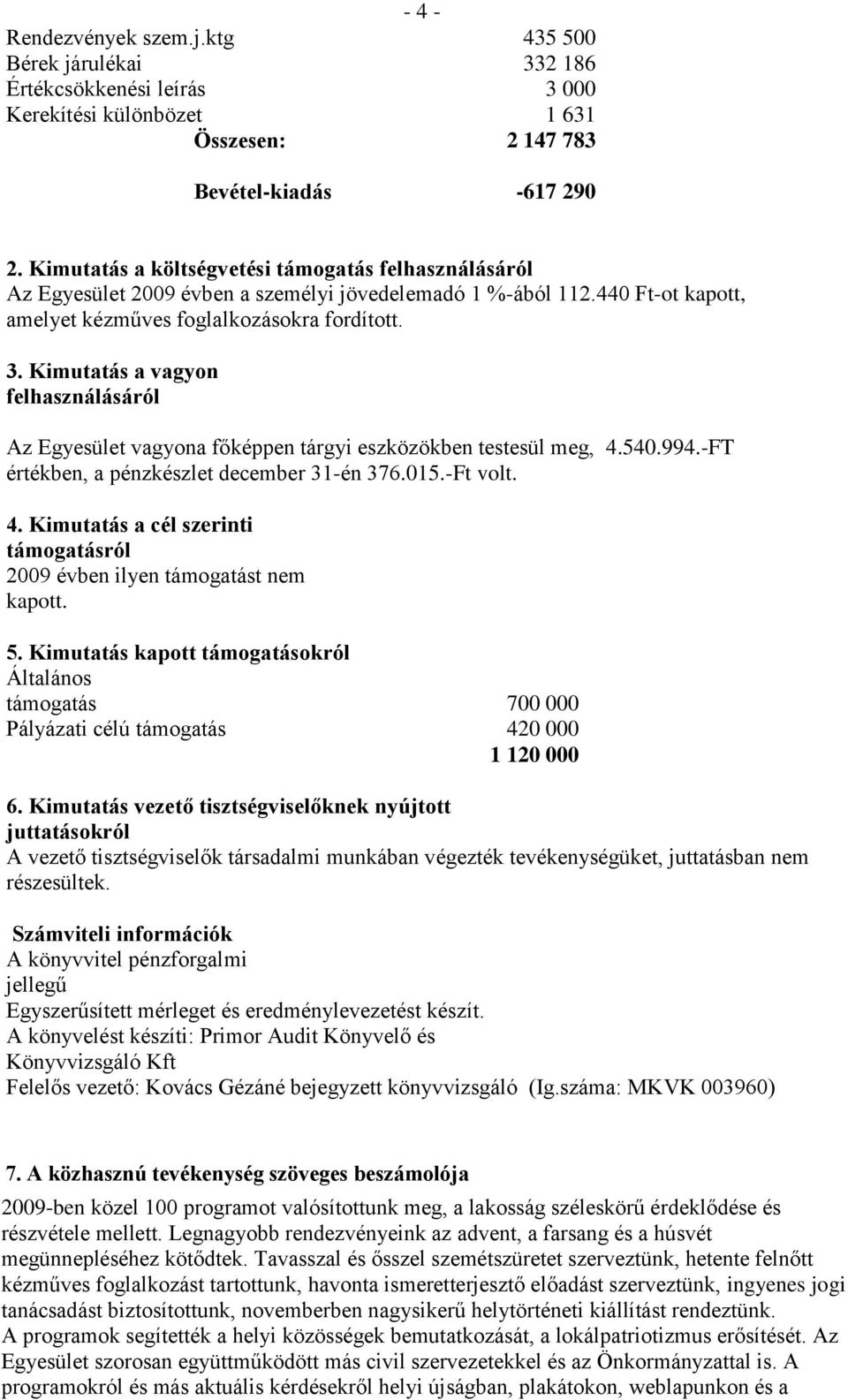 Kimutatás a vagyon felhasználásáról Az Egyesület vagyona főképpen tárgyi eszközökben testesül meg, 4.540.994.-FT értékben, a pénzkészlet december 31-én 376.015.-Ft volt. 4. Kimutatás a cél szerinti támogatásról 2009 évben ilyen támogatást nem kapott.