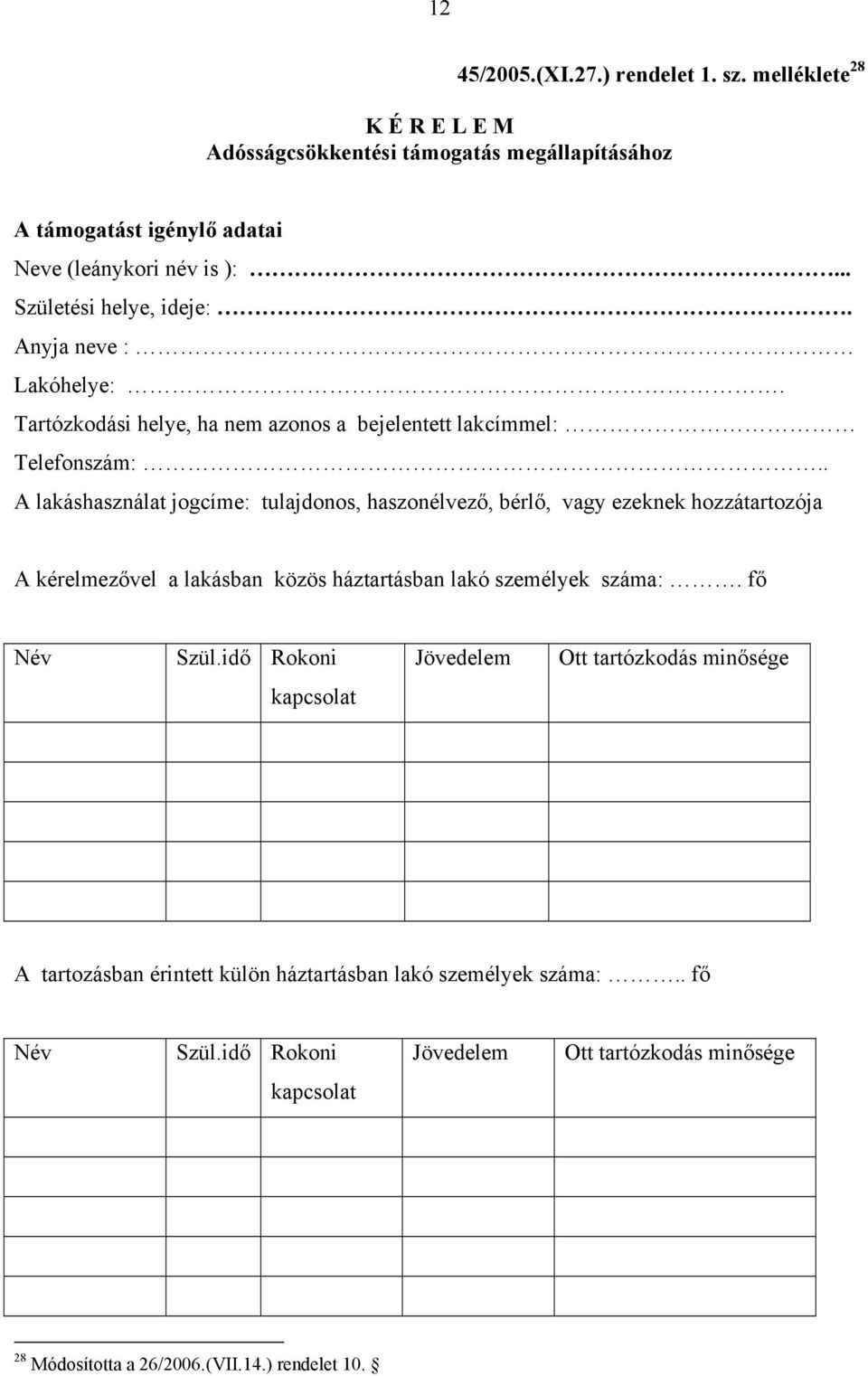 . A lakáshasználat jogcíme: tulajdonos, haszonélvező, bérlő, vagy ezeknek hozzátartozója A kérelmezővel a lakásban közös háztartásban lakó személyek száma:. fő Név Szül.