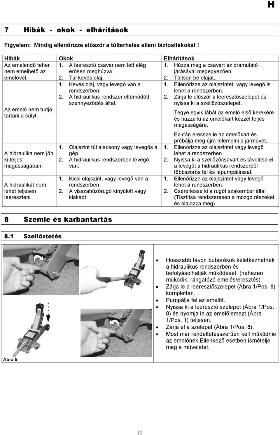 A hidraulika nem jön ki teljes magasságában. A hidraulikát nem lehet teljesen leereszteni. 1. Kevés olaj, vagy levegő van a rendszerben. 2. A hidraulikus rendszer eltömődött szennyeződés által. 1. Olajszint túl alacsony vagy levegős a gép.