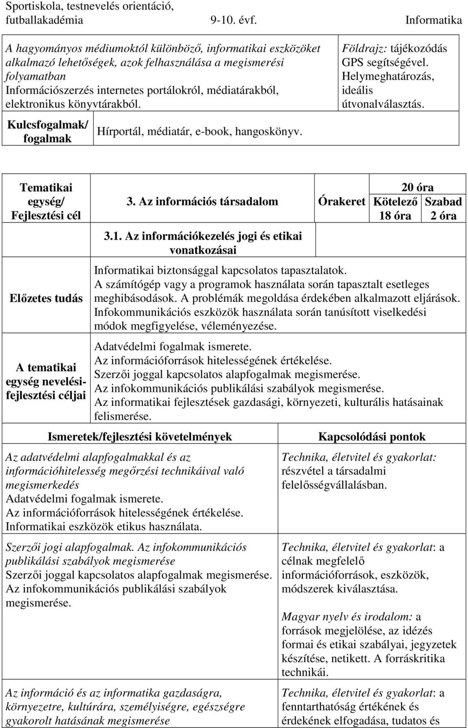 Az információs társadalom Órakeret 3.1. Az információkezelés jogi és etikai vonatkozásai 20 óra Kötelező 18 óra Szabad 2 óra Informatikai biztonsággal kapcsolatos tapasztalatok.