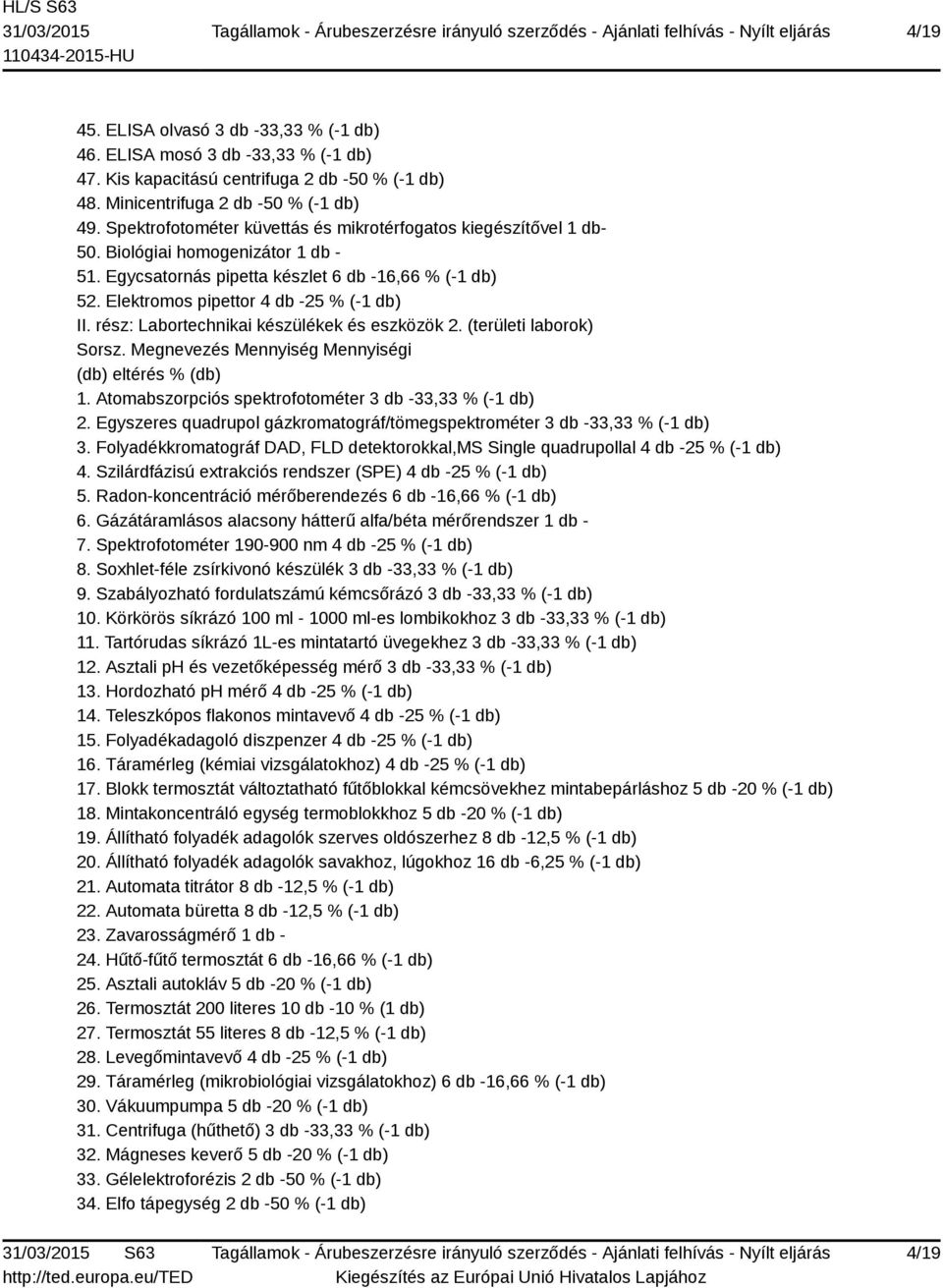 Elektromos pipettor 4 db -25 % (-1 db) II. rész: Labortechnikai készülékek és eszközök 2. (területi laborok) Sorsz. Megnevezés Mennyiség Mennyiségi (db) eltérés % (db) 1.