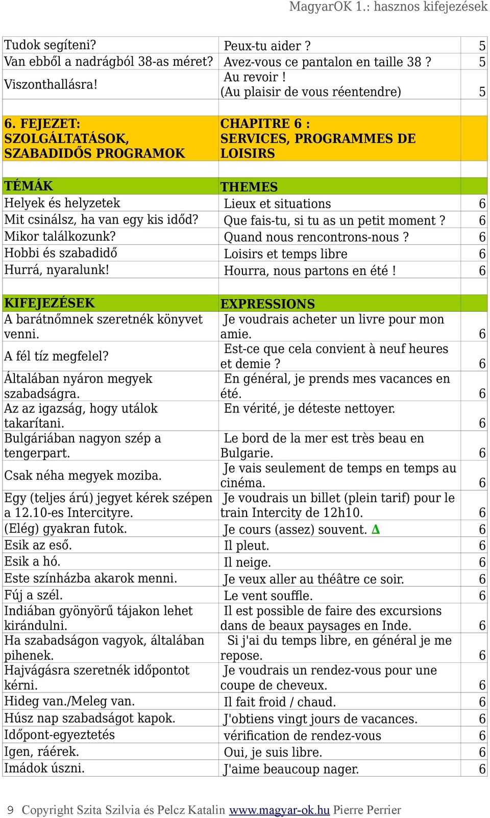 Que fais-tu, si tu as un petit moment? 6 Mikor találkozunk? Quand nous rencontrons-nous? 6 Hobbi és szabadidő Loisirs et temps libre 6 Hurrá, nyaralunk! Hourra, nous partons en été!