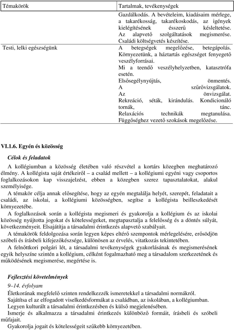 Mi a teendő veszélyhelyzetben, katasztrófa esetén. Elsősegélynyújtás, önmentés. A szűrővizsgálatok. Az önvizsgálat. Rekreáció, séták, kirándulás. Kondicionáló tornák, tánc.