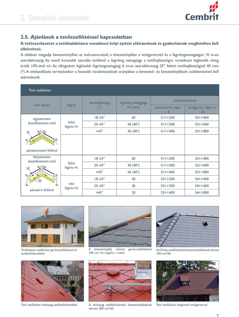 Az ennél hosszabb szarufás tetőknél a légréteg vastagsága a tetőhajlásszögre vonatkozó legkisebb réteg érték 10%-ával nő.