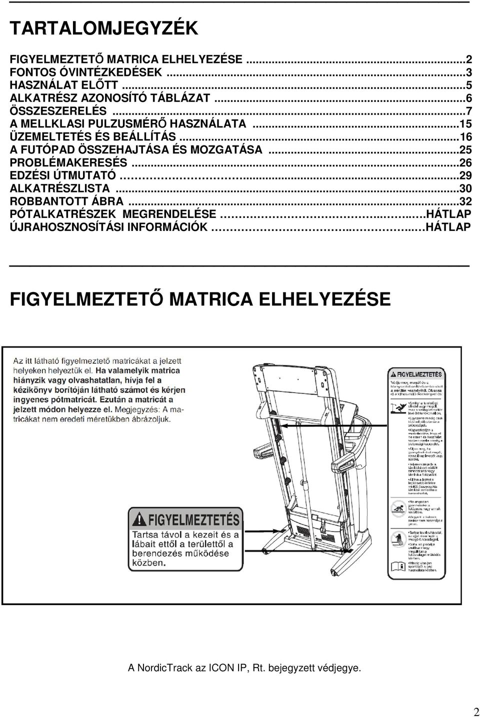 ..25 PROBLÉMAKERESÉS...26 EDZÉSI ÚTMUTATÓ...29 ALKATRÉSZLISTA...30 ROBBANTOTT ÁBRA...32 PÓTALKATRÉSZEK MEGRENDELÉSE.