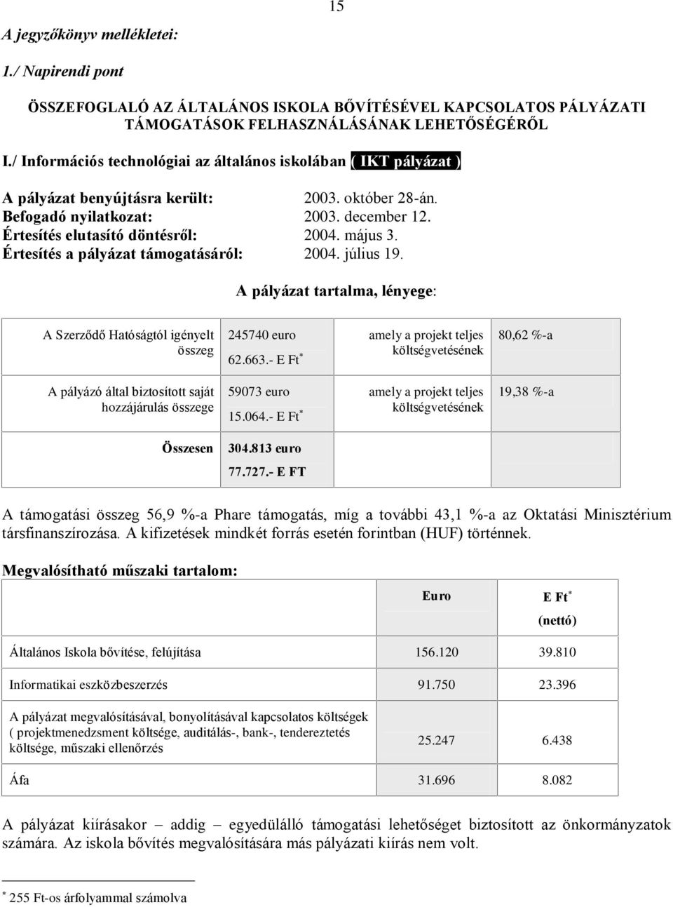 május 3. Értesítés a pályázat támogatásáról: 2004. július 19.