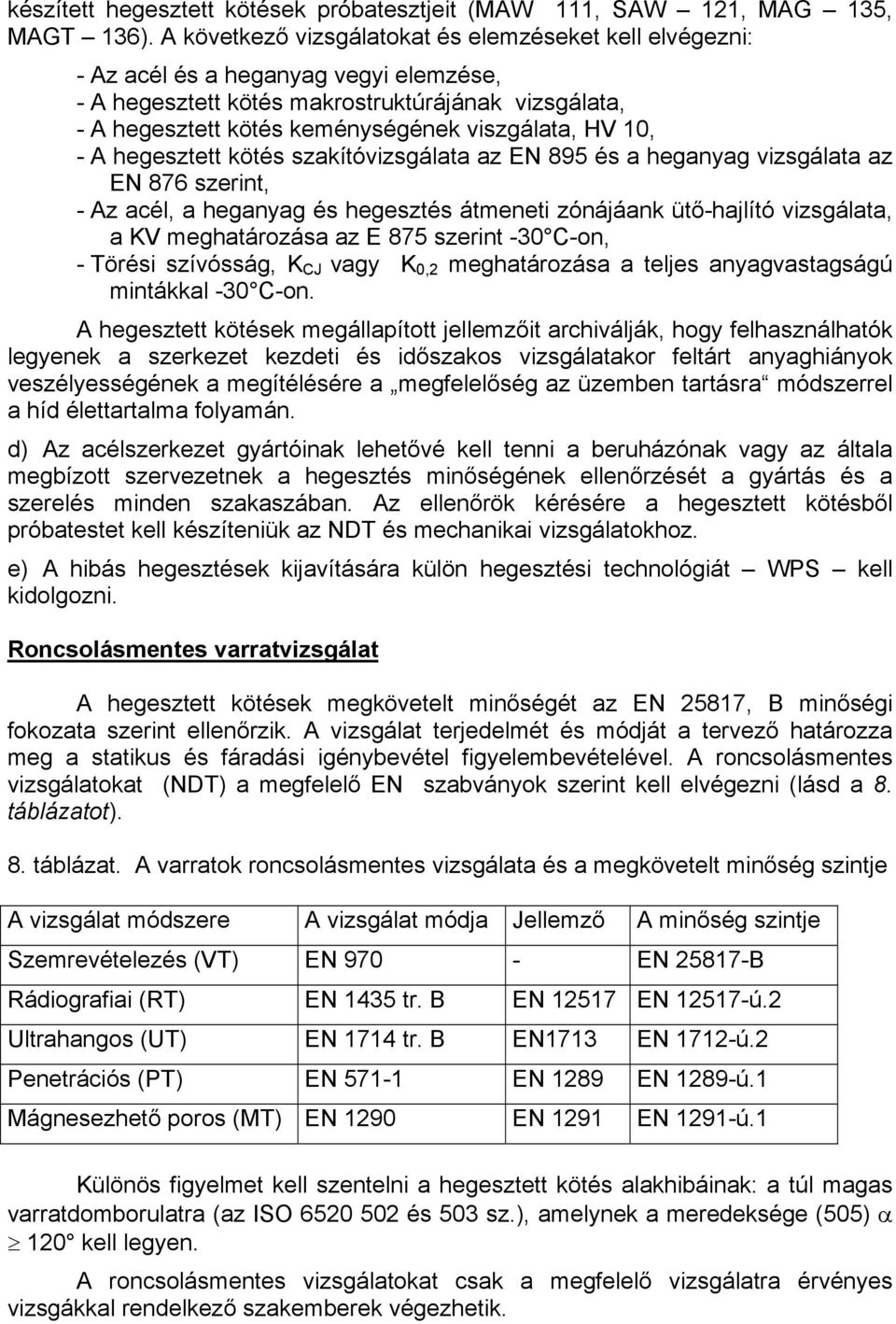 zakítóvizgálata az EN 895 é a hganyag vizgálata az EN 876 zrint, - Az acél, a hganyag é hgzté átmnti zónájáank ütő-hajlító vizgálata, a KV mghatározáa az E 875 zrint -30 C-on, - Töréi zívóág, K CJ