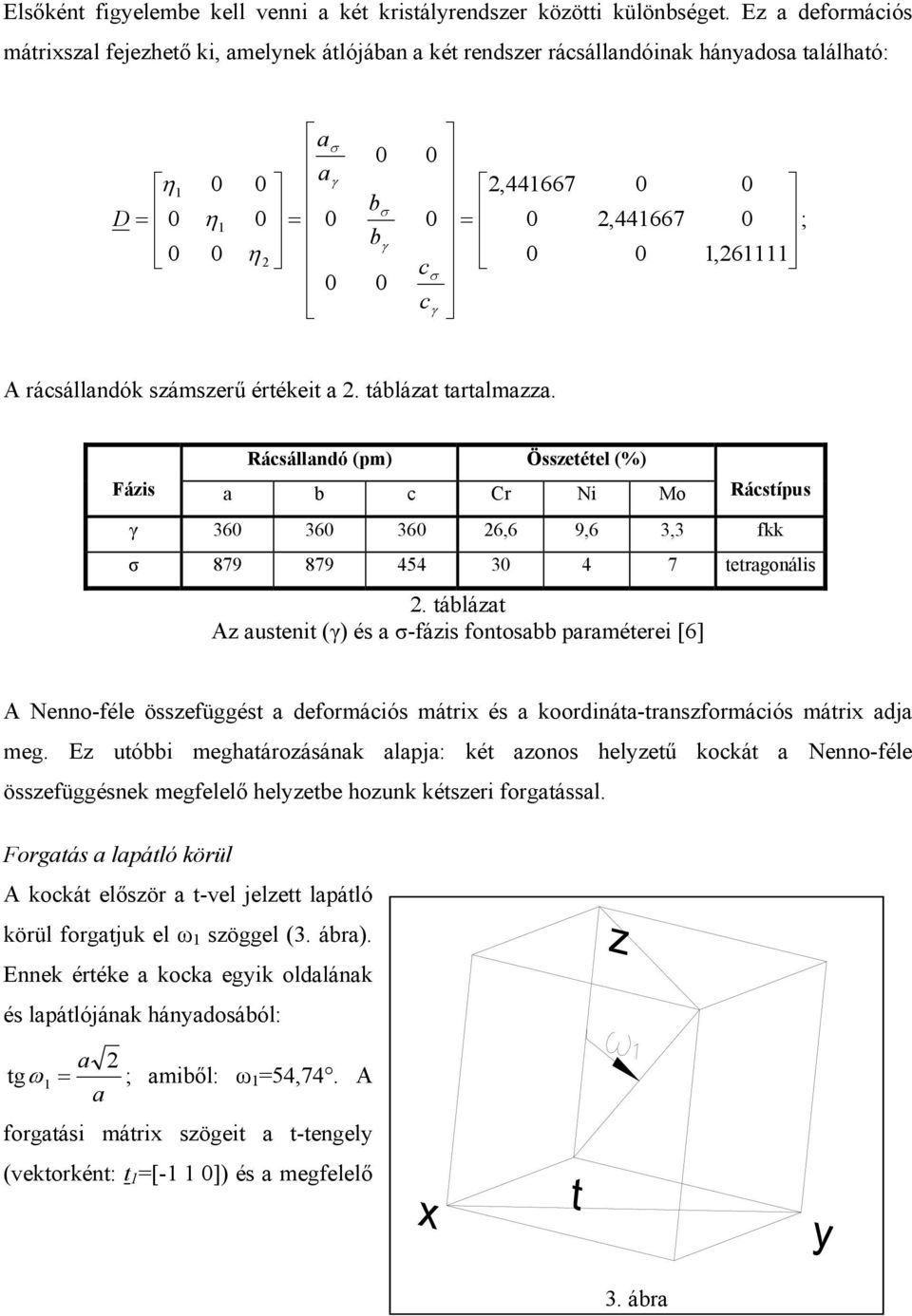 értékeit a 2. táblázat tartalmazza. Rácsállandó (pm) Összetétel (%) Fázis a b c Cr Ni Mo Rácstípus γ 6 6 6 26,6 9,6, fkk σ 879 879 454 4 7 tetragonális 2.