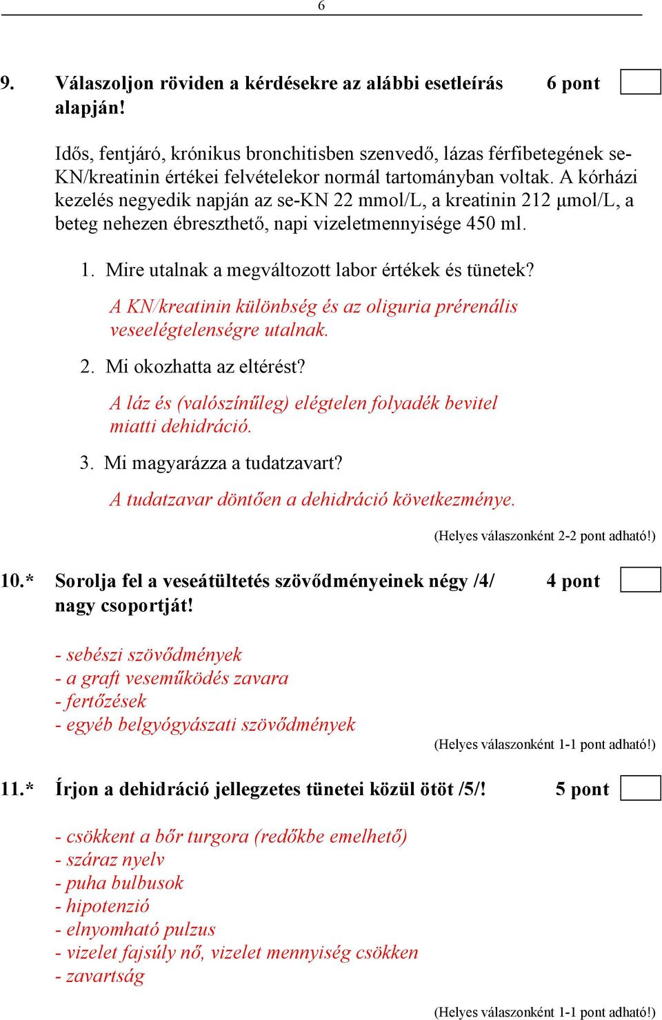 A kórházi kezelés negyedik napján az se-kn 22 mmol/l, a kreatinin 212 µmol/l, a beteg nehezen ébreszthetı, napi vizeletmennyisége 450 ml. 1. Mire utalnak a megváltozott labor értékek és tünetek?