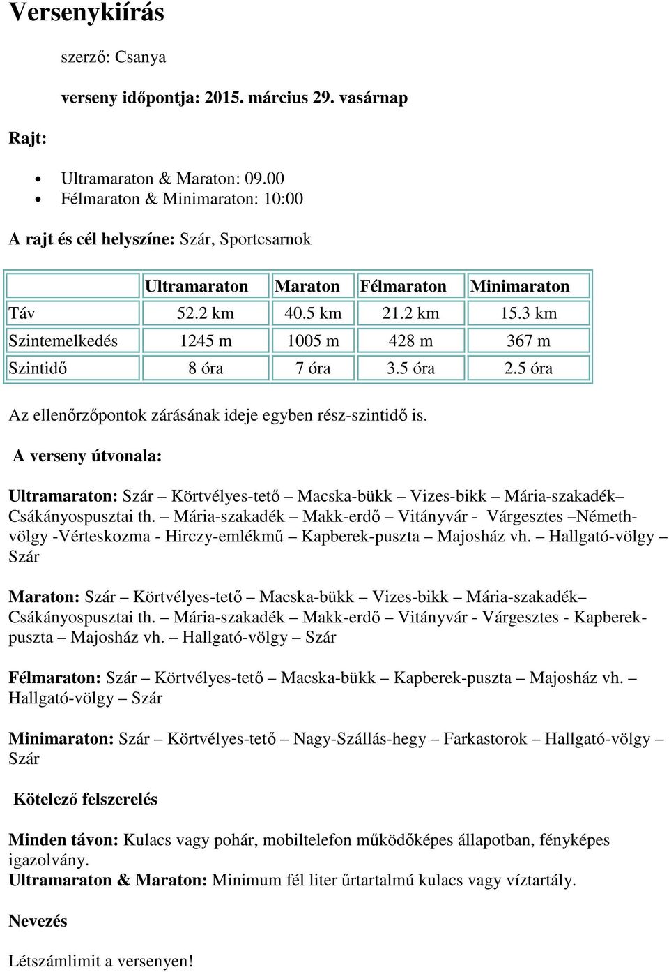 3 km Szintemelkedés 1245 m 1005 m 428 m 367 m Szintidő 8 óra 7 óra 3.5 óra 2.5 óra Az ellenőrzőpontok zárásának ideje egyben rész-szintidő is.