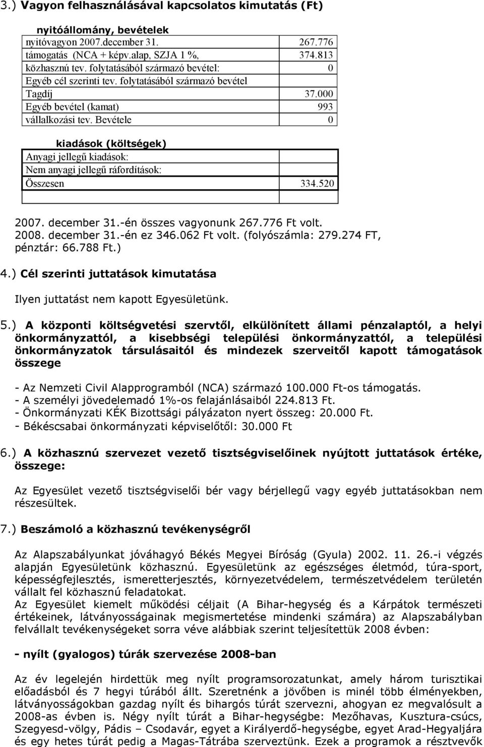 Bevétele 0 kiadások (költségek) Anyagi jellegű kiadások: Nem anyagi jellegű ráfordítások: Összesen 334.520 2007. december 31.-én összes vagyonunk 267.776 Ft volt. 2008. december 31.-én ez 346.