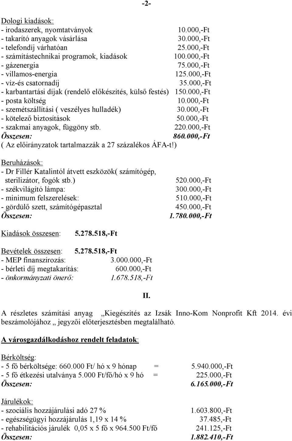 000,-Ft - szemétszállítási ( veszélyes hulladék) 30.000,-Ft - kötelező biztosítások 50.000,-Ft - szakmai anyagok, függöny stb. 220.000,-Ft 860.