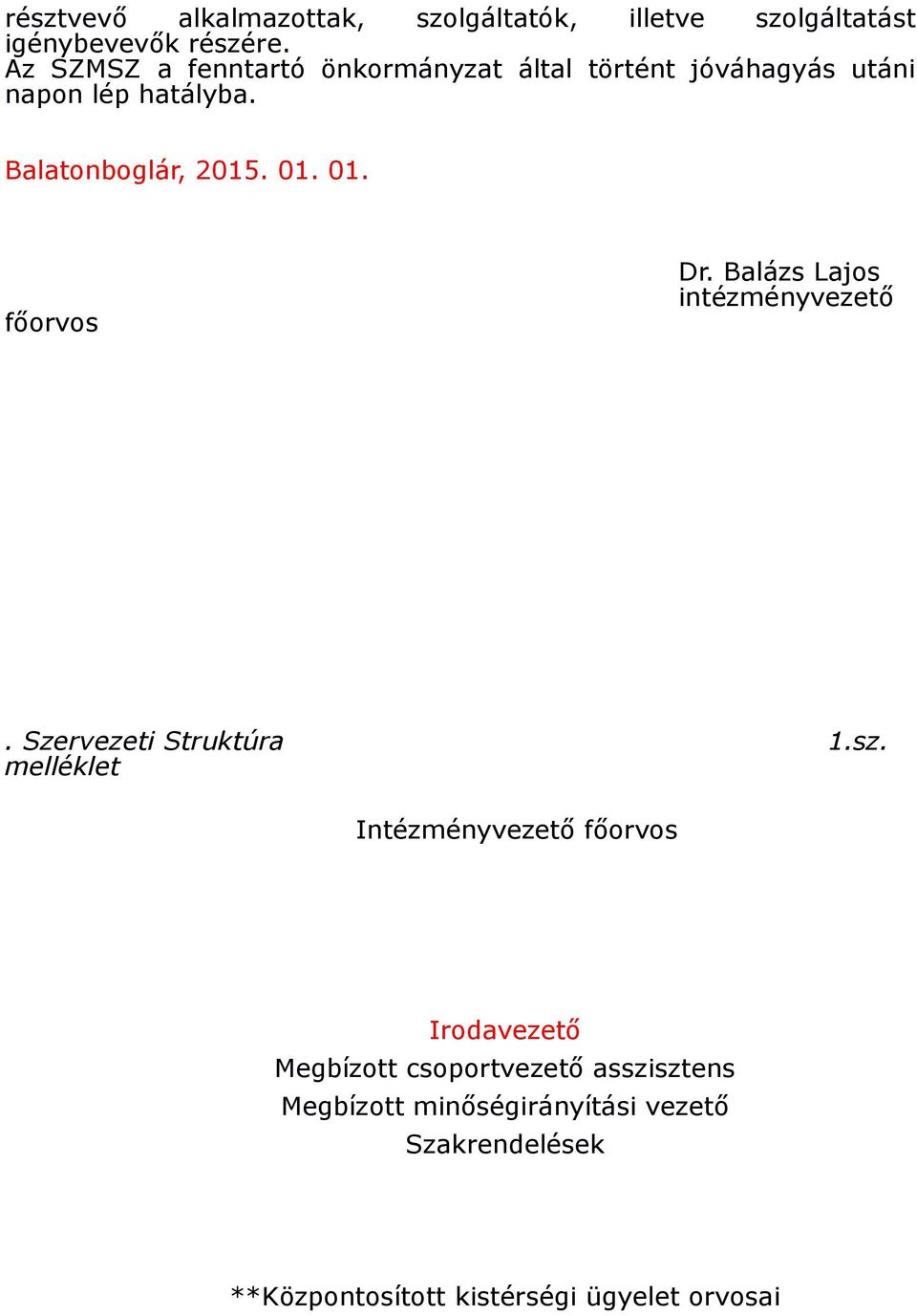 01. fıorvos Dr. Balázs Lajos intézményvezetı. Szervezeti Struktúra 1.sz.