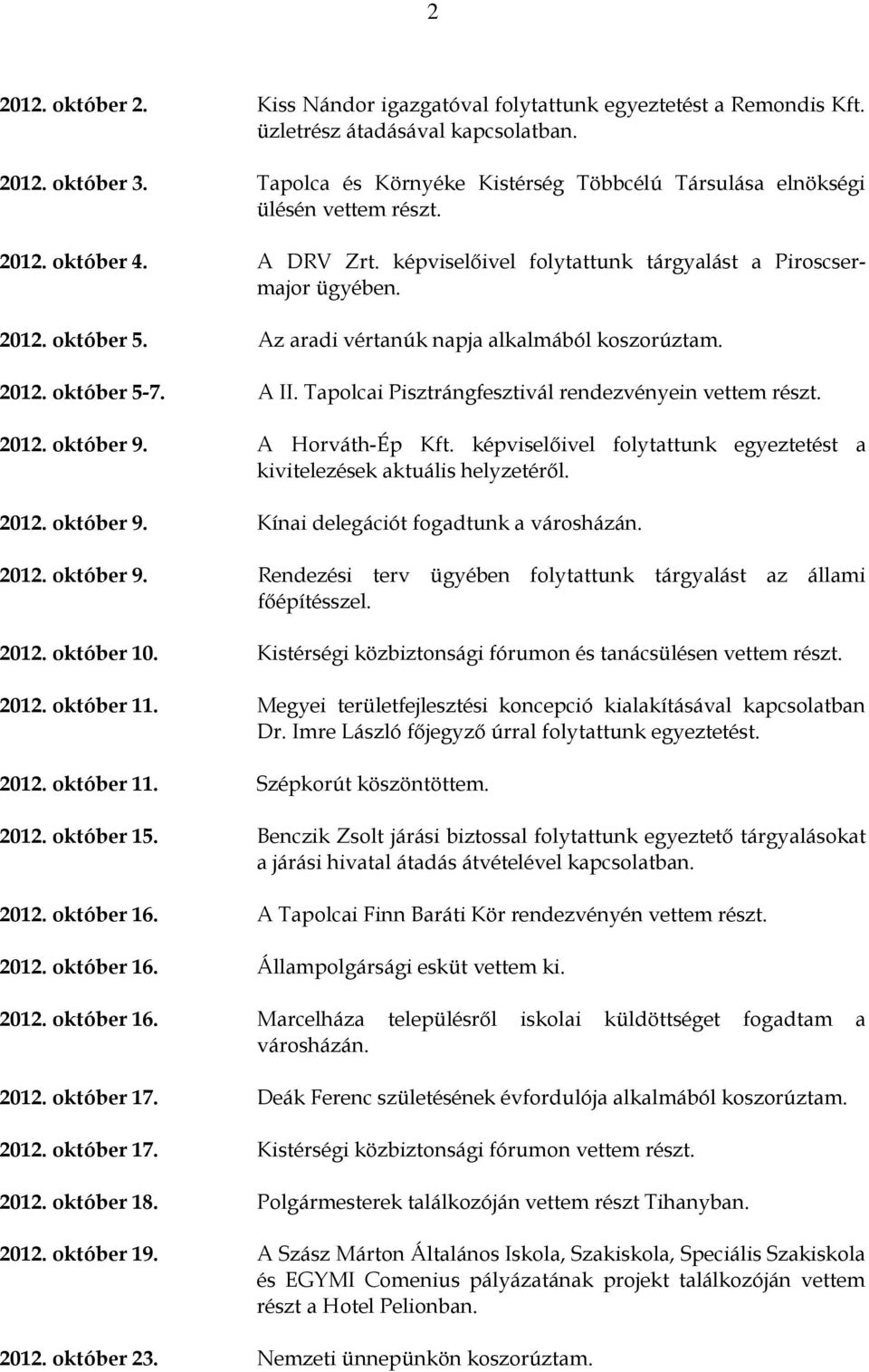 Az aradi vértanúk napja alkalmából koszorúztam. 2012. október 5-7. A II. Tapolcai Pisztrángfesztivál rendezvényein vettem részt. 2012. október 9. A Horváth-Ép Kft.