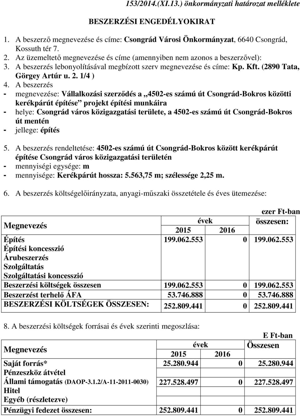 A beszerzés - megnevezése: Vállalkozási szerződés a 4502-es számú út Csongrád-Bokros közötti kerékpárút építése projekt építési munkáira - helye: Csongrád város közigazgatási területe, a 4502-es