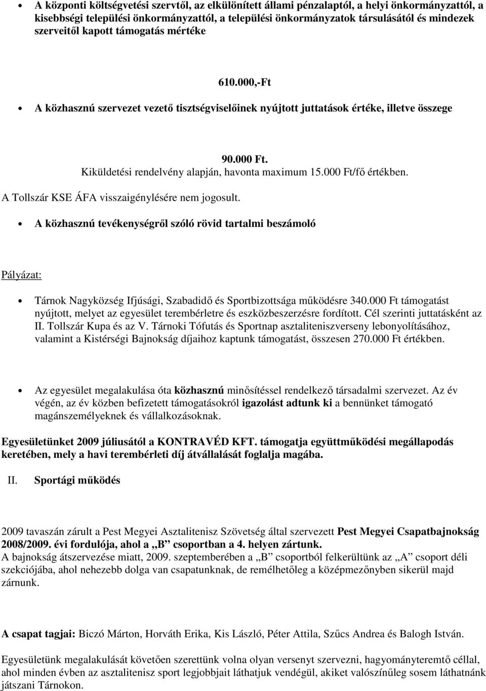 Kiküldetési rendelvény alapján, havonta maximum 15.000 Ft/fı értékben. A Tollszár KSE ÁFA visszaigénylésére nem jogosult.