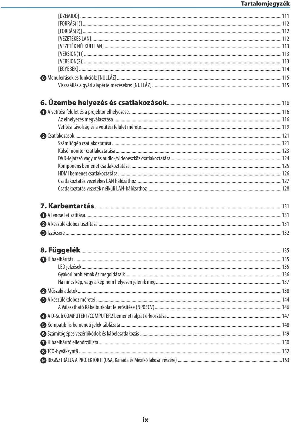 ..116 Az elhelyezés megválasztása... 116 Vetítési távolság és a vetítési felület mérete...119 Csatlakozások...121 Számítógép csatlakoztatása... 121 Külső monitor csatlakoztatása.