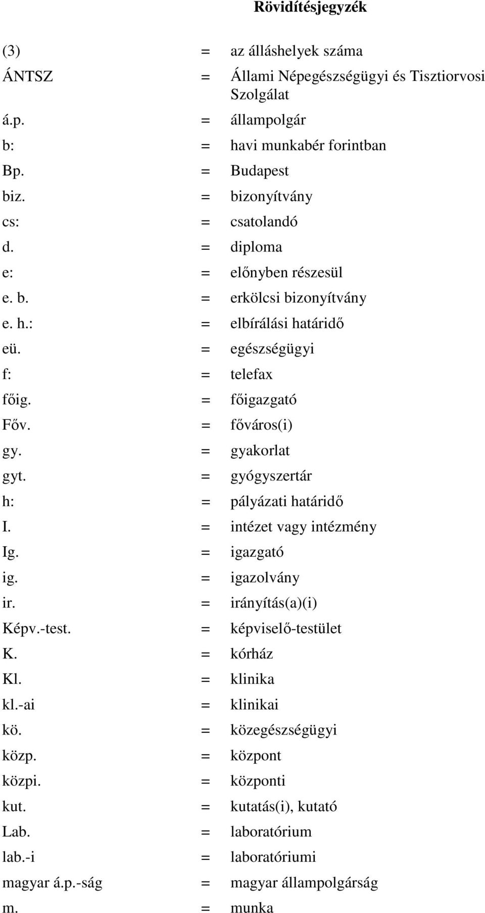 = fıváros(i) gy. = gyakorlat gyt. = gyógyszertár h: = pályázati határidı I. = intézet vagy intézmény Ig. = igazgató ig. = igazolvány ir. = irányítás(a)(i) Képv.-test. = képviselı-testület K.