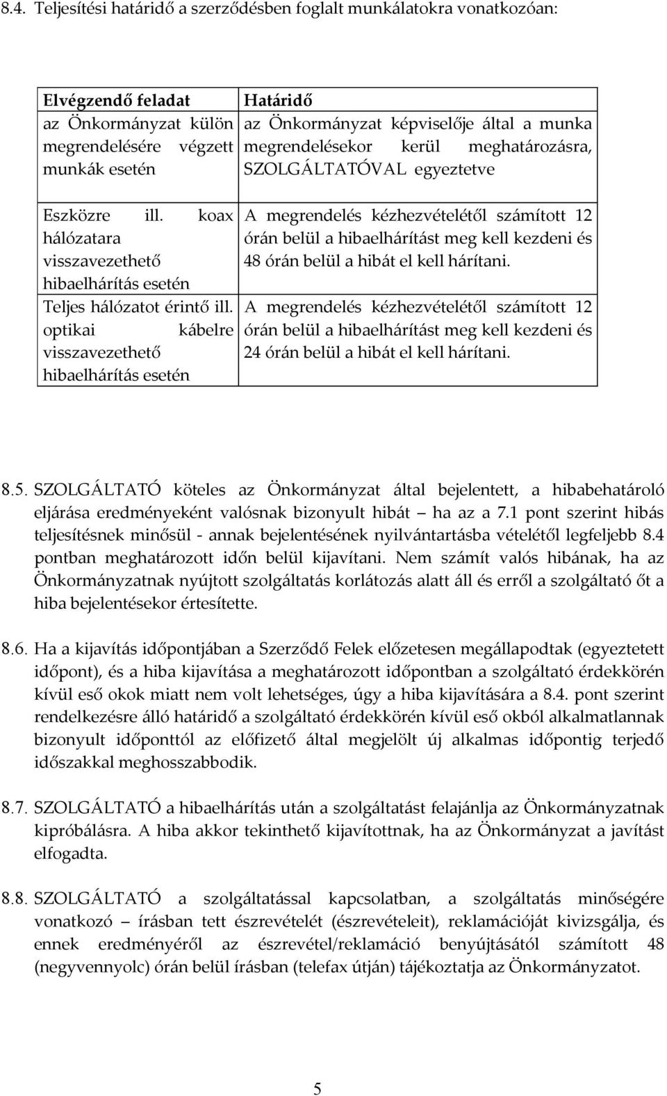 optikai kábelre visszavezethető hibaelhárítás esetén A megrendelés kézhezvételétől számított 12 órán belül a hibaelhárítást meg kell kezdeni és 48 órán belül a hibát el kell hárítani.