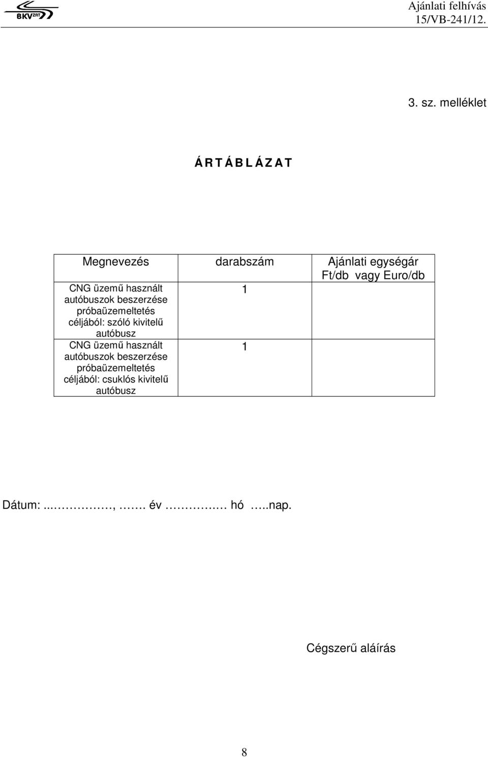 Euro/db 1 CNG üzemű használt autóbuszok beszerzése próbaüzemeltetés céljából: