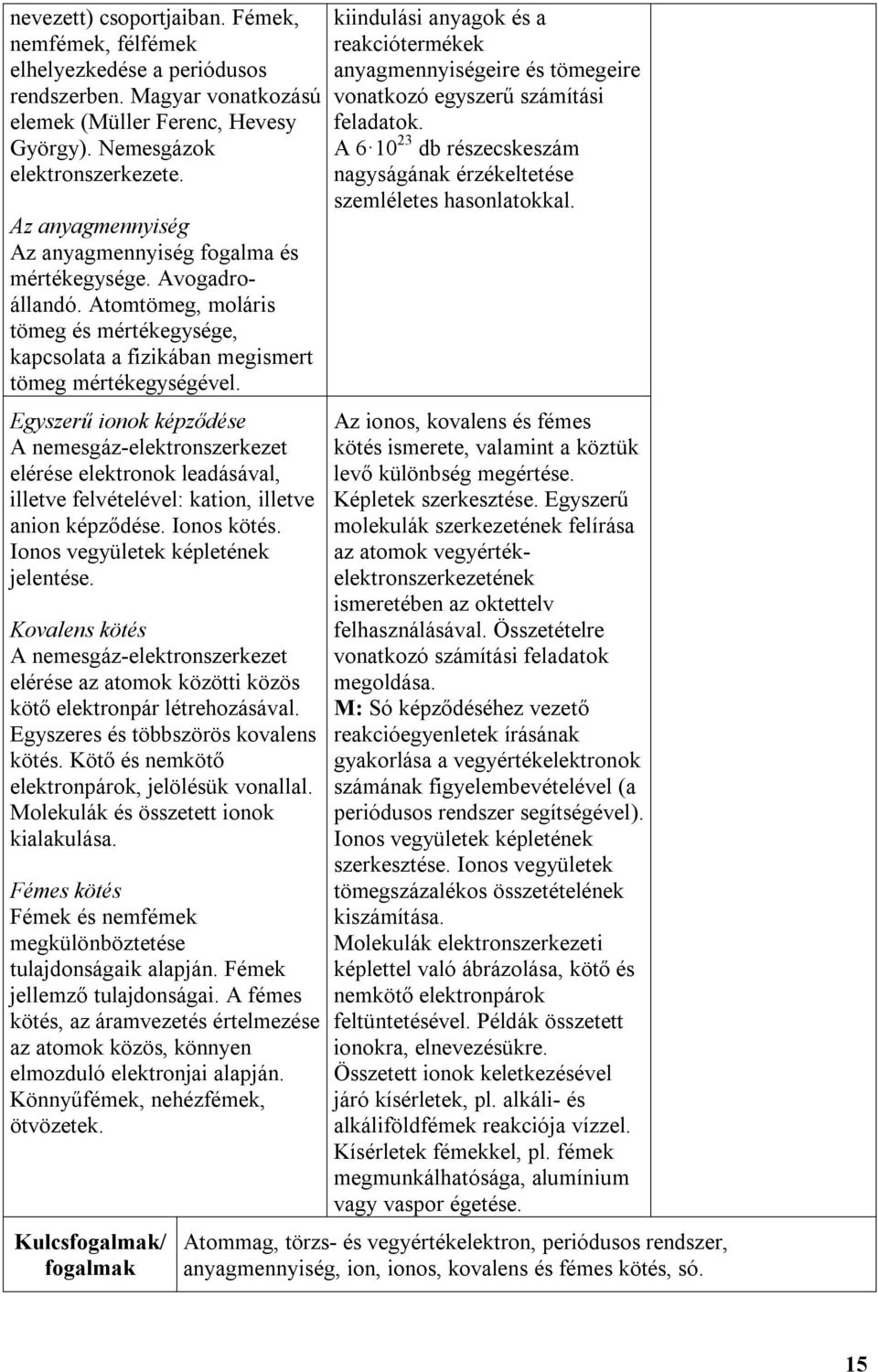 Egyszerű ionok képződése A nemesgáz-elektronszerkezet elérése elektronok leadásával, illetve felvételével: kation, illetve anion képződése. Ionos kötés. Ionos vegyületek képletének jelentése.