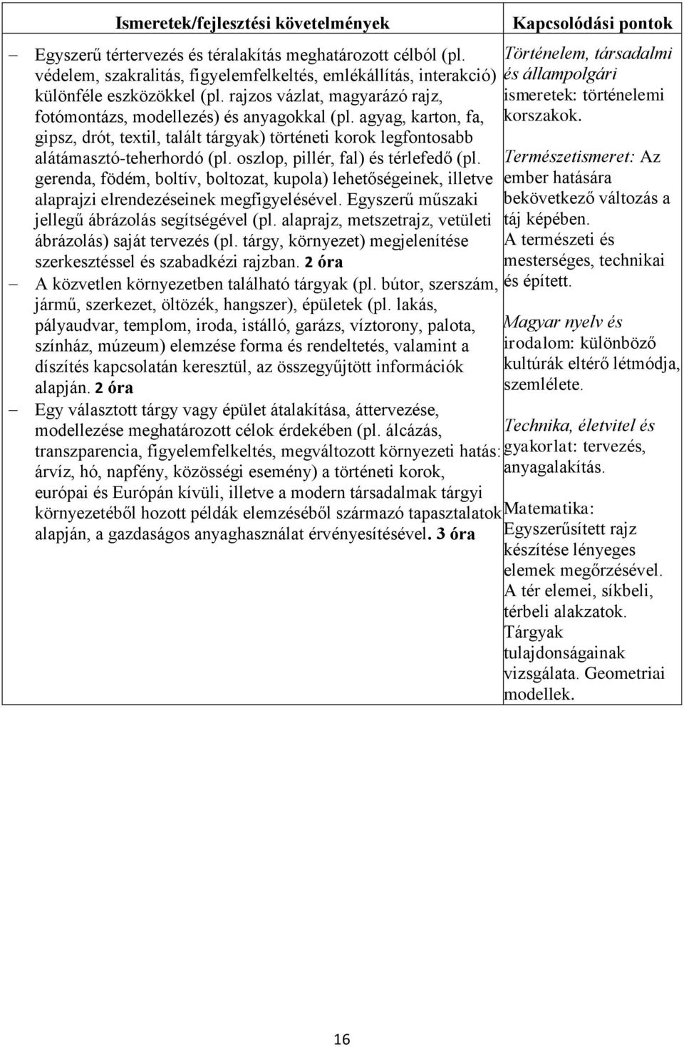 oszlop, pillér, fal) és térlefedő (pl. gerenda, födém, boltív, boltozat, kupola) lehetőségeinek, illetve alaprajzi elrendezéseinek megfigyelésével. Egyszerű műszaki jellegű ábrázolás segítségével (pl.