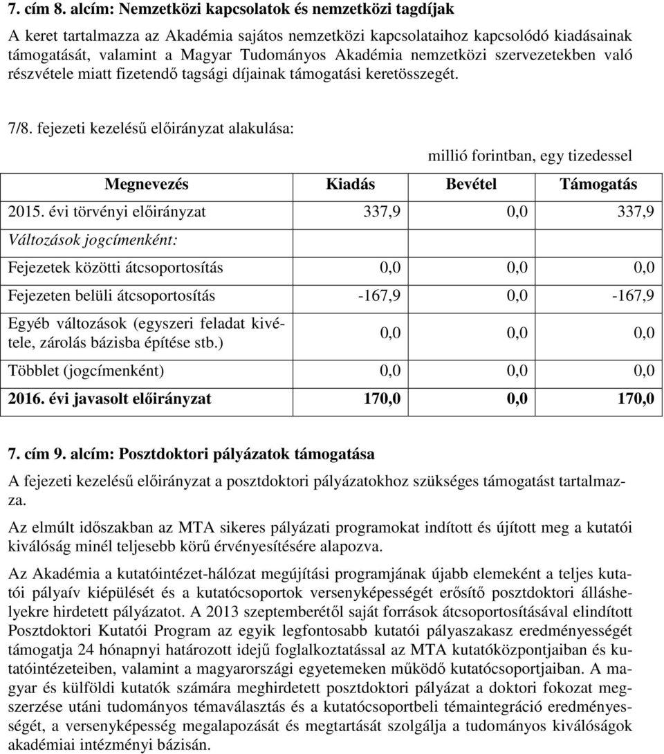 nemzetközi szervezetekben való részvétele miatt fizetendő tagsági díjainak támogatási keretösszegét. 7/8. fejezeti kezelésű előirányzat alakulása: Megnevezés Kiadás Bevétel Támogatás 2015.