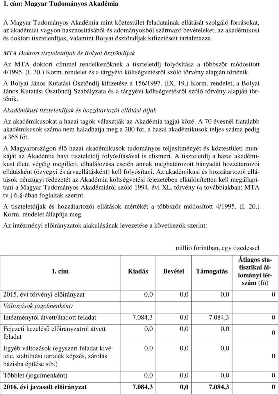 MTA Doktori tiszteletdíjak és Bolyai ösztöndíjak Az MTA doktori címmel rendelkezőknek a tiszteletdíj folyósítása a többször módosított 4/1995. (I. 20.) Korm.