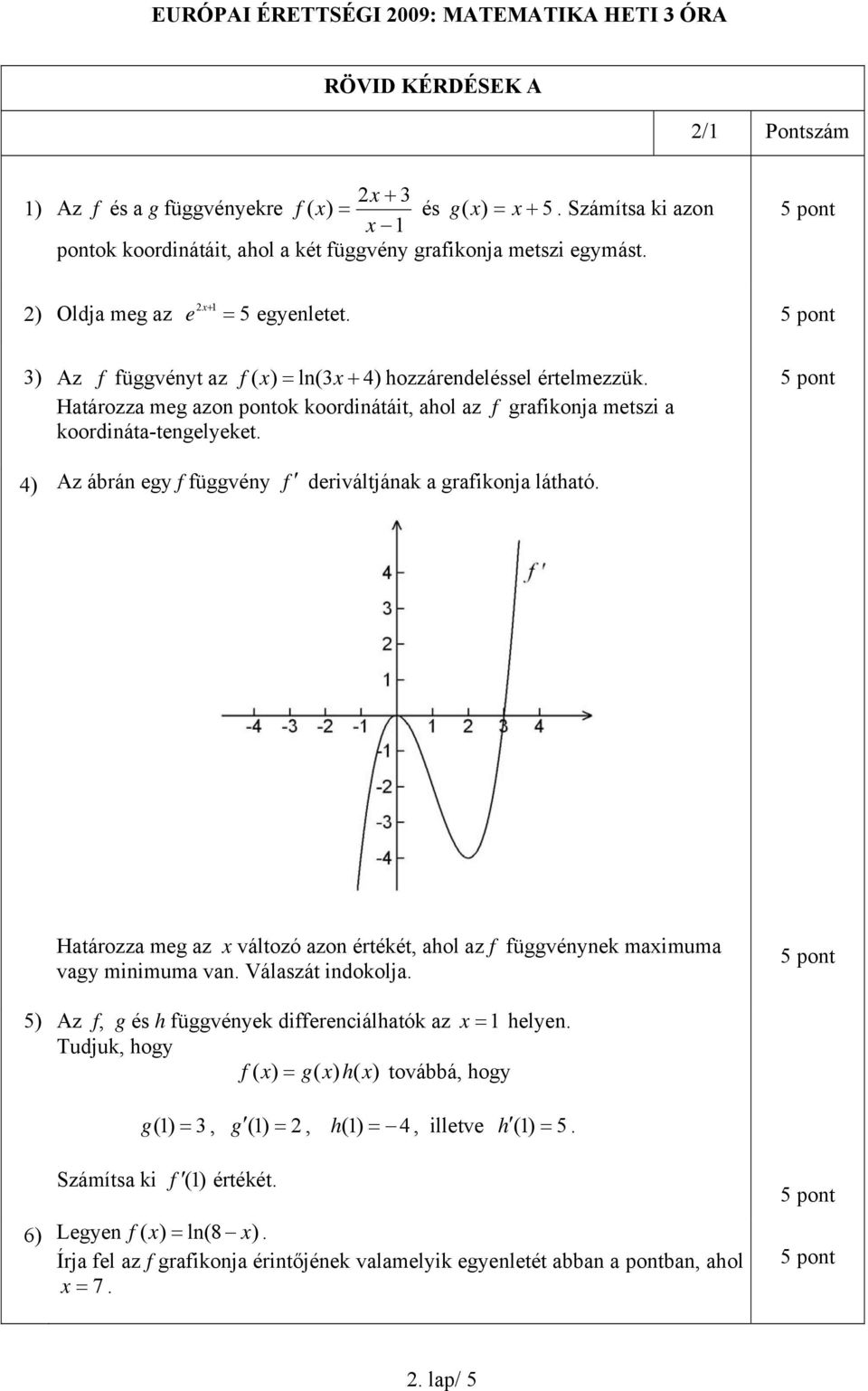 4) Az ábrán egy f függvény f deriváltjának a grafikonja látható. Határozza meg az x változó azon értékét, ahol az f függvénynek maximuma vagy minimuma van. Válaszát indokolja.