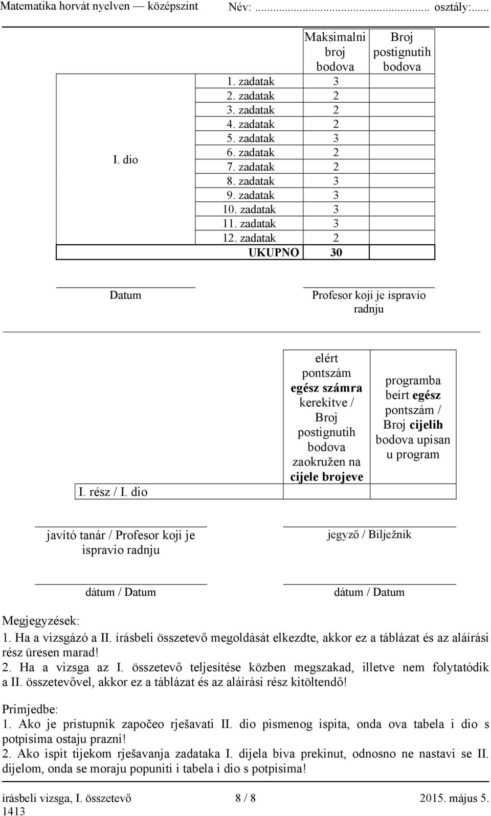 dio elért pontszám egész számra kerekítve / Broj postignutih bodova zaokružen na cijele brojeve programba beírt egész pontszám / Broj cijelih bodova upisan u program javító tanár / Profesor koji je