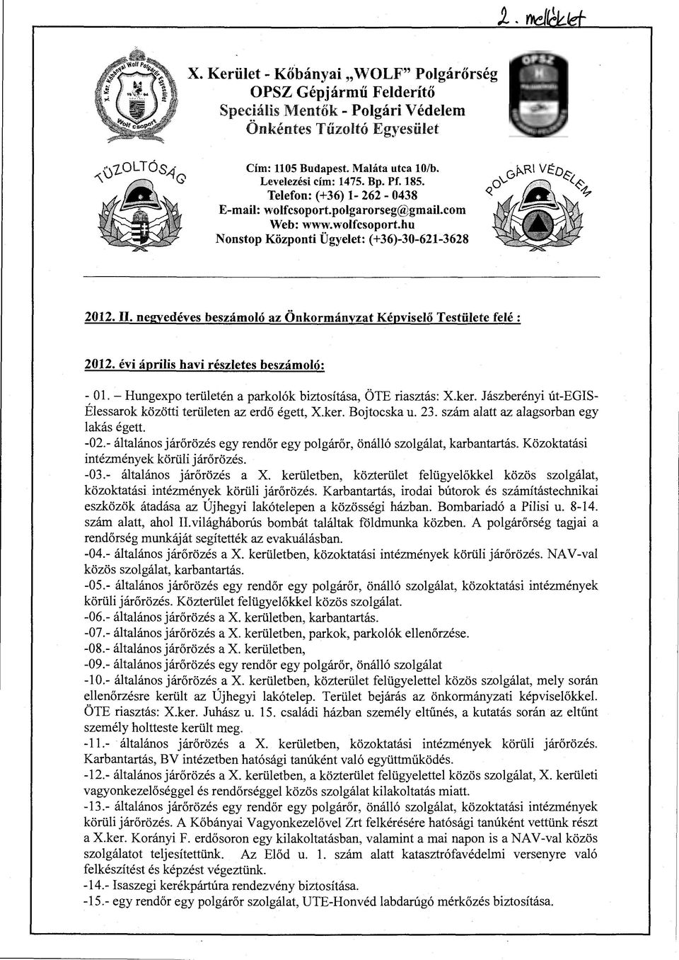 negyedéves beszámoló az Önkormányzat Képviselő Testülete felé : 20. évi április havi részletes beszámoló: - Ol.- Hungexpo területén a parkolók biztosítása, ÖTE riasztás: X.ker.