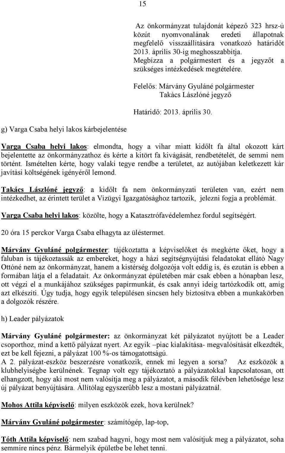 g) Varga Csaba helyi lakos kárbejelentése Varga Csaba helyi lakos: elmondta, hogy a vihar miatt kidőlt fa által okozott kárt bejelentette az önkormányzathoz és kérte a kitört fa kivágását,