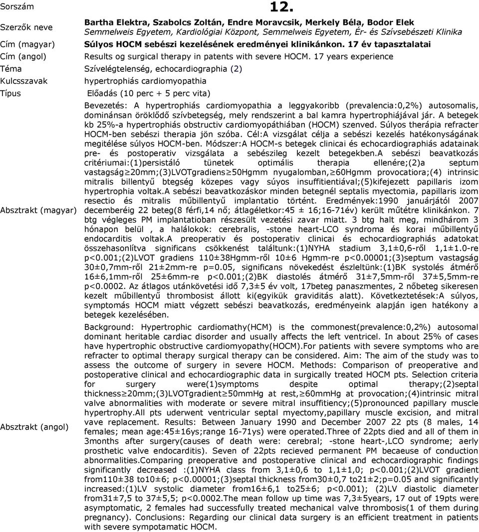 eredményei klinikánkon. 17 év tapasztalatai Results og surgical therapy in patents with severe HOCM.