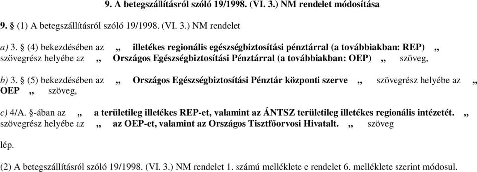 3. (5) bekezdésében az Országos Egészségbiztosítási Pénztár központi szerve szövegrész helyébe az OEP szöveg, c) 4/A.