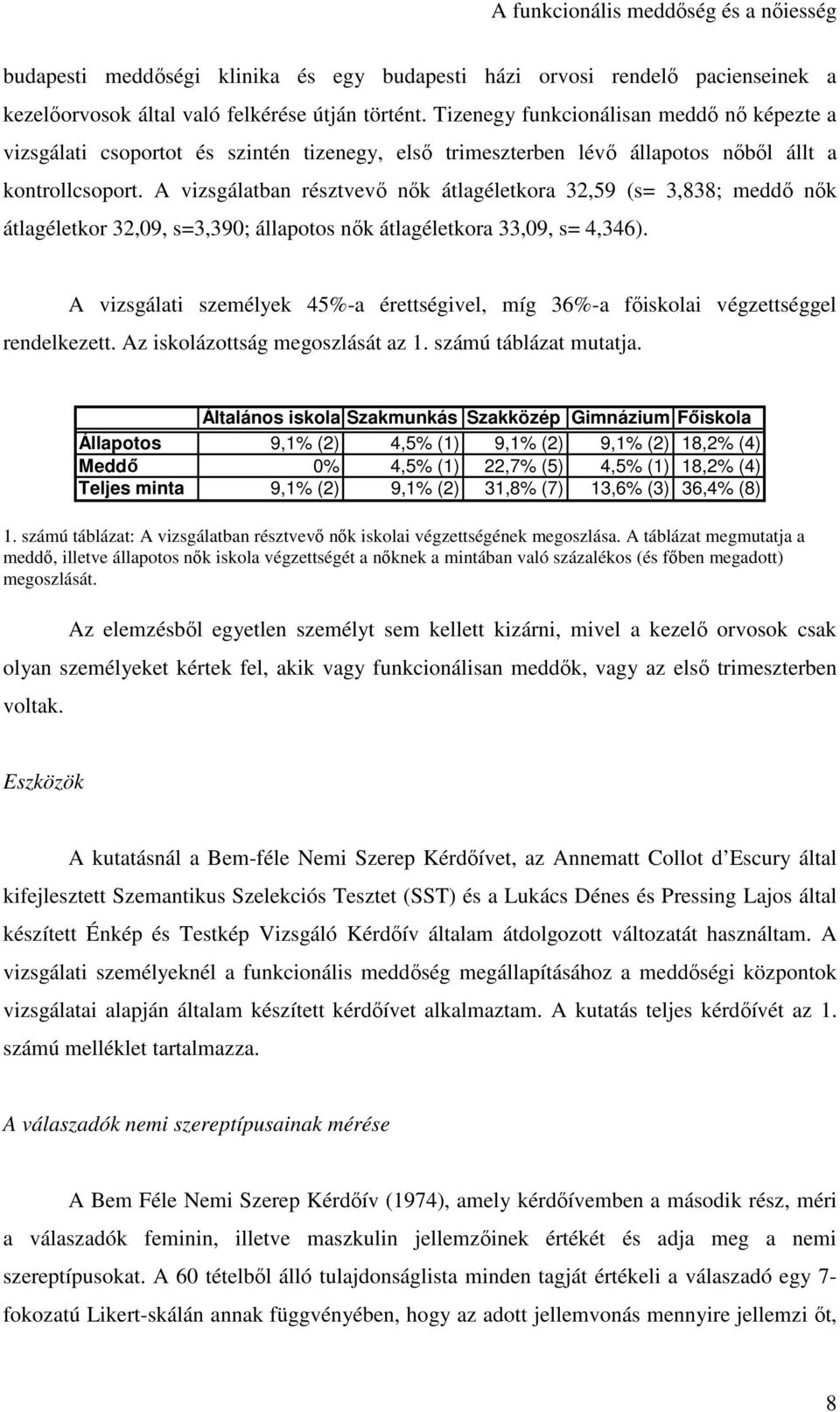 A vizsgálatban résztvevő nők átlagéletkora 32,59 (s= 3,838; meddő nők átlagéletkor 32,09, s=3,390; állapotos nők átlagéletkora 33,09, s= 4,346).