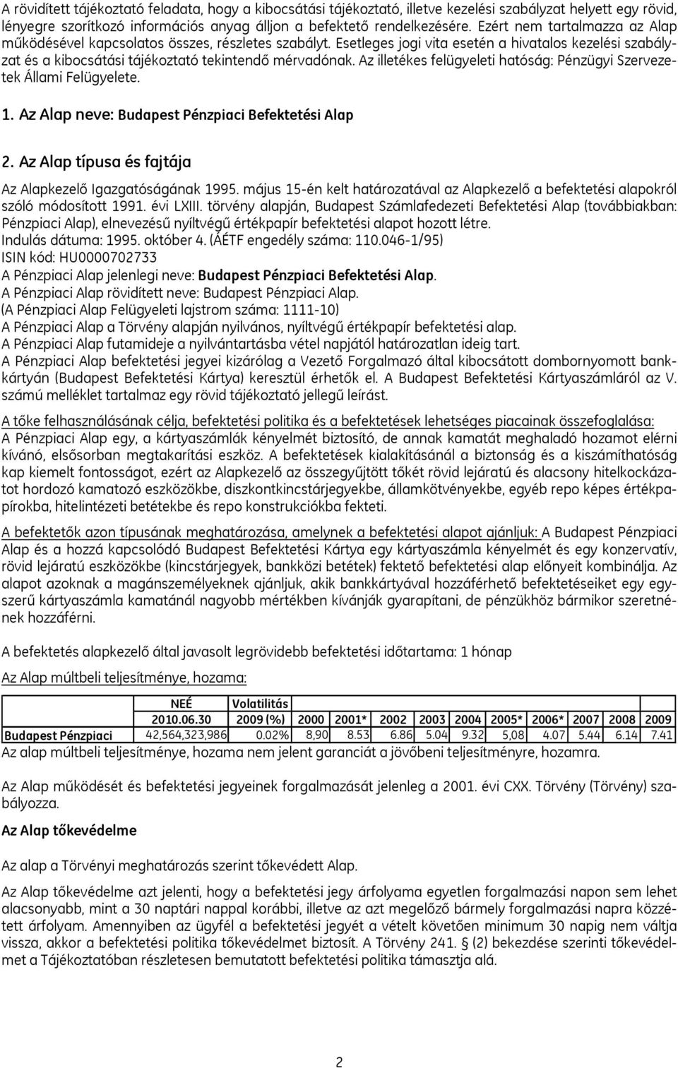 Az illetékes felügyeleti hatóság: Pénzügyi Szervezetek Állami Felügyelete. 1. Az Alap neve: Budapest Pénzpiaci Befektetési Alap 2. Az Alap típusa és fajtája Az Alapkezelő Igazgatóságának 1995.