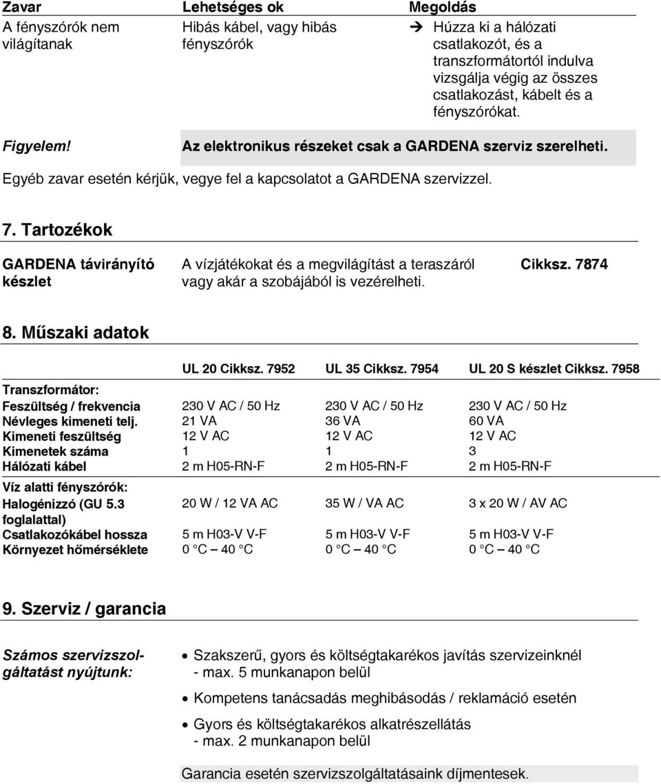 Tartozékok GARDENA távirányító A vízjátékokat és a megvilágítást a teraszáról Cikksz. 7874 készlet vagy akár a szobájából is vezérelheti. 8. Műszaki adatok UL 20 Cikksz. 7952 UL 35 Cikksz.