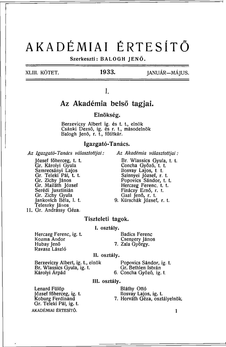 t. Gr. Teleki Pál, t. t. Szinnyei József, r. t. Gr. Zichy János Popovics Sándor, t. t. Gr. Mailáth József Herczeg Ferenc, t. t. Serédi Jusztinián Fináczy Ernő, r. t. Gr. Zichy Gyula Gaal Jenő, r. t. Jankovich Béla, 1.