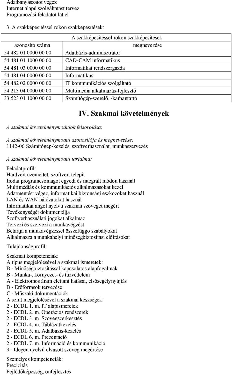 54 481 03 0000 00 00 Informatikai rendszergazda 54 481 04 0000 00 00 Informatikus 54 482 02 0000 00 00 IT kommunikációs szolgáltató 54 213 04 0000 00 00 Multimédia alkalmazás-fejlesztő 33 523 01 1000